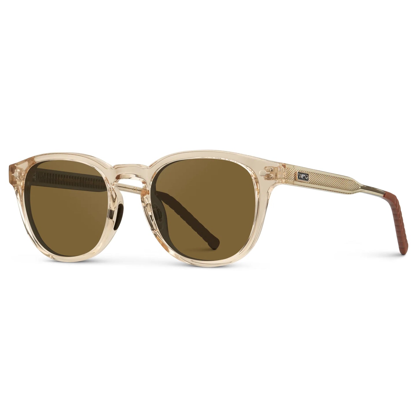 Sand Brown / Amber || Side view of Men's Round Prescription Sunglasses with Sand Brown Frame and Brown Oval Lens on a white background