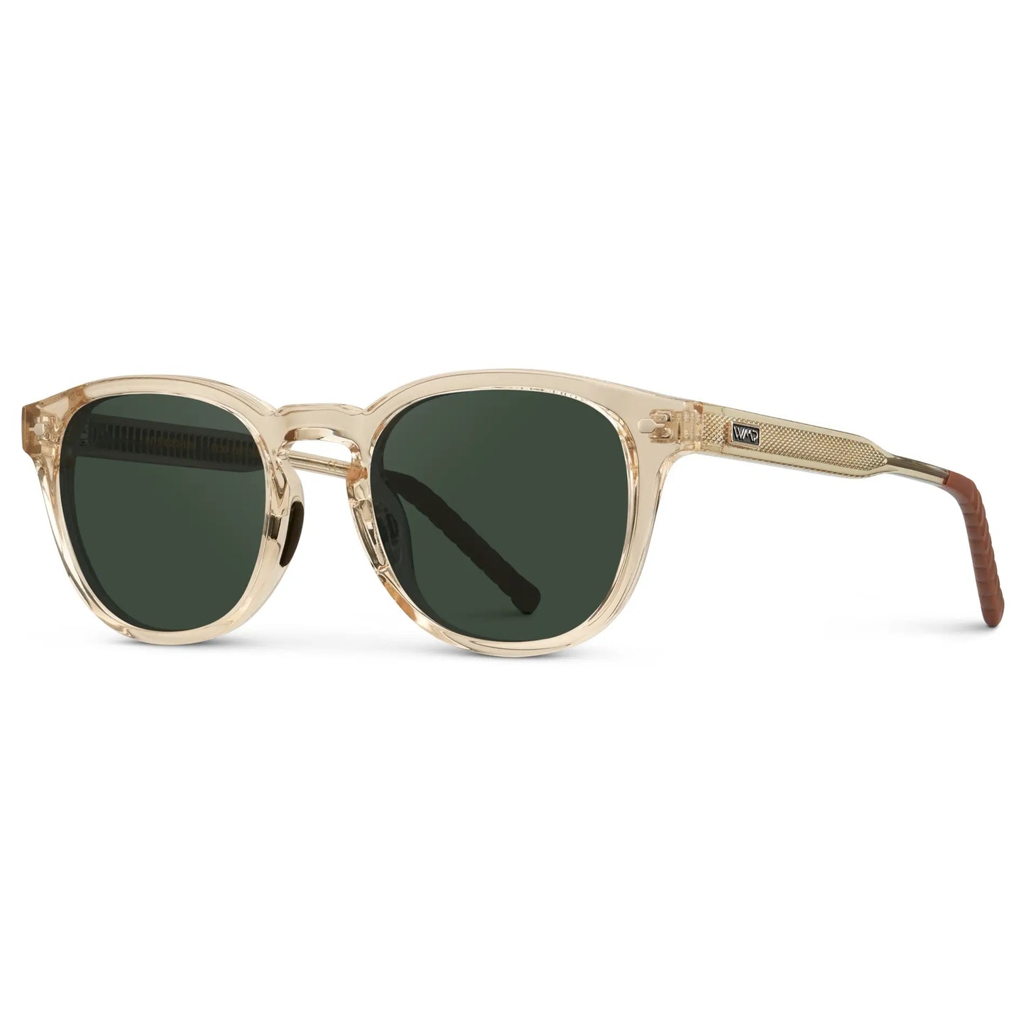 Sand Brown / G15 || Side view of Men's Round Prescription Sunglasses with Sand Brown Frame and Green Oval Lens on a white background