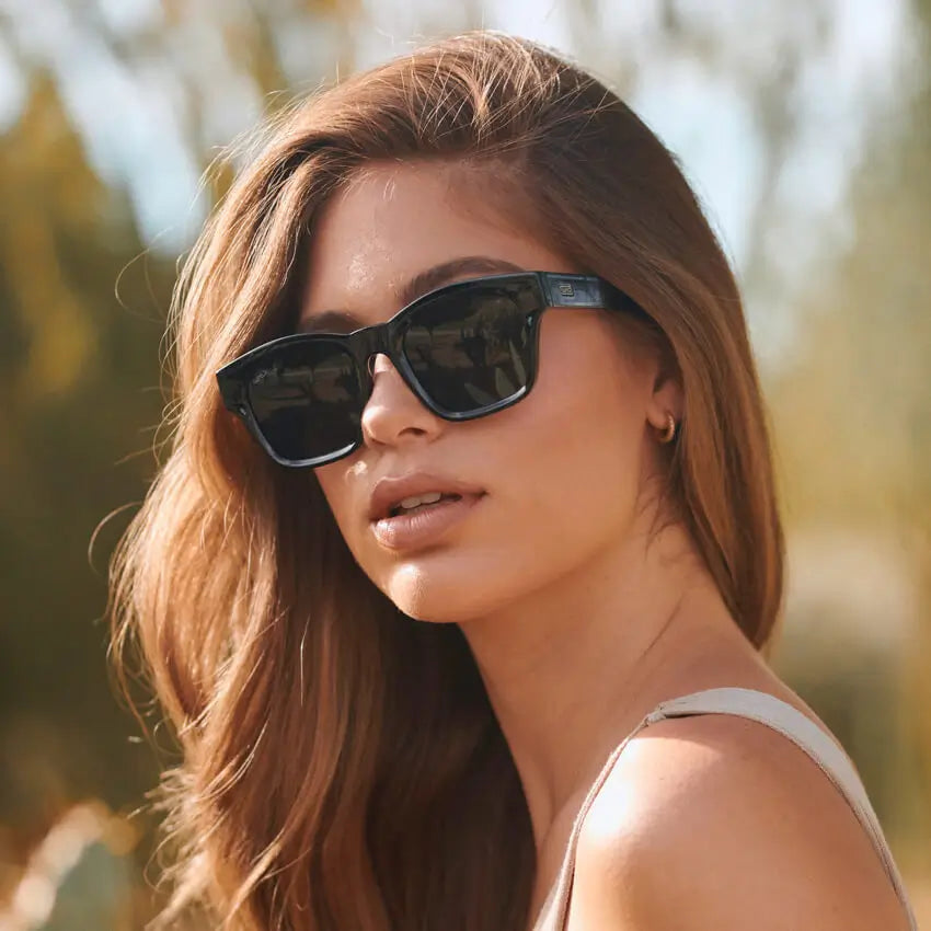 Black Vortex / Black Lens || Women's Glossy Black Square Cat Eye Shape Affordable Polarized Sunglasses with Black Lenses