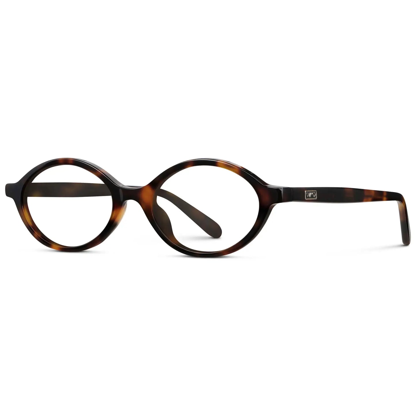 Brown Tortoise || Side view of Women's Slim Oval Eyeglasses with Brown Tortoise Acetate Frame and Clear Prescription Lens on a white background