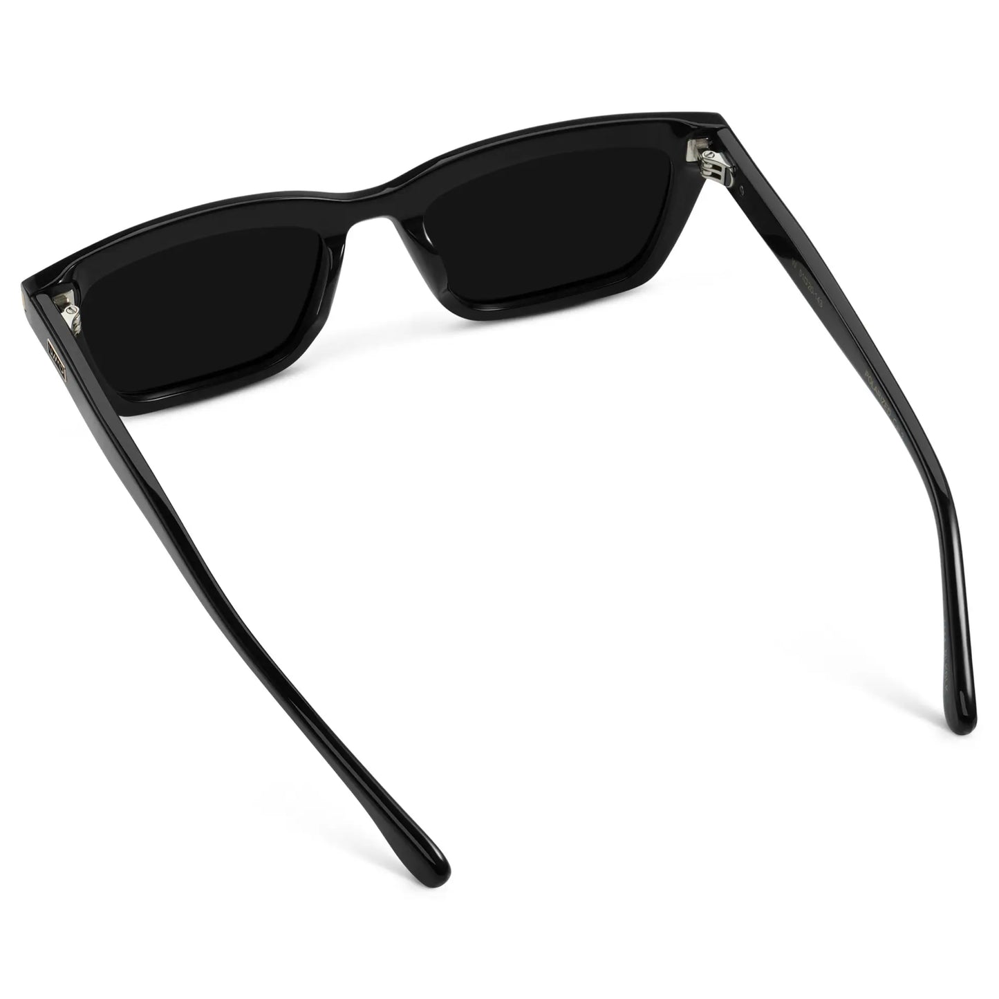 Black / Triple Black Lens || Back view of Women's Cat Eye Polarized Sunglasses with Black Frame and Black Lenses on a white background