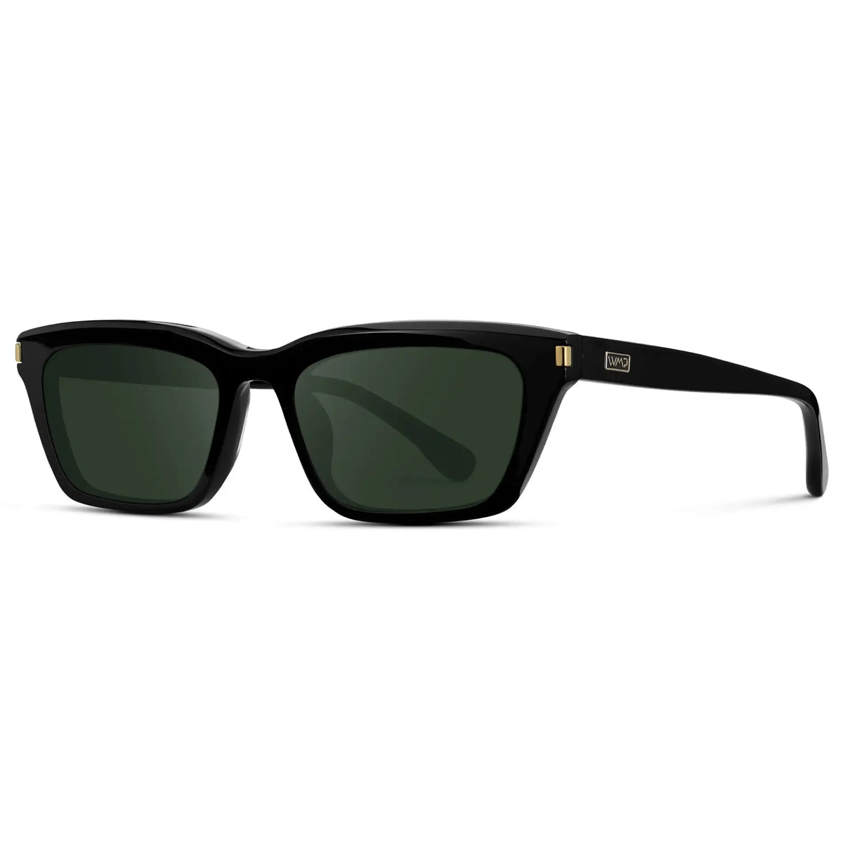 Black / G15 || Side view of Women's Cat Eye Prescription Sunglasses with Black Frame and Green Lenses on a white background