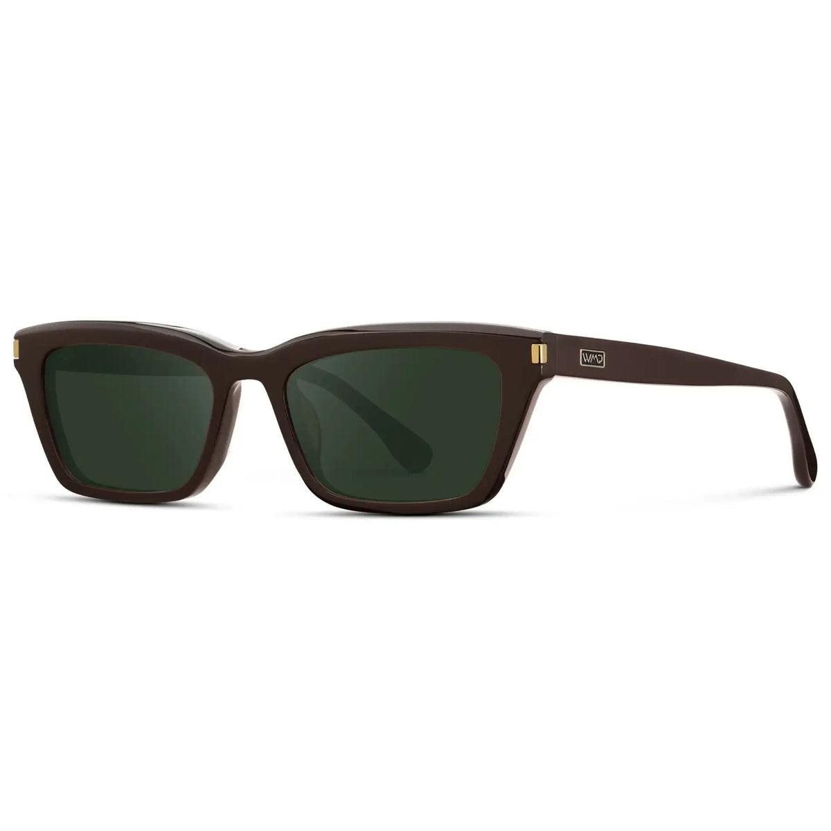 Mocha Brown / G15 || Side view of Women's Cat Eye Prescription Sunglasses with Mocha Brown Frame and Green Lenses on a white background