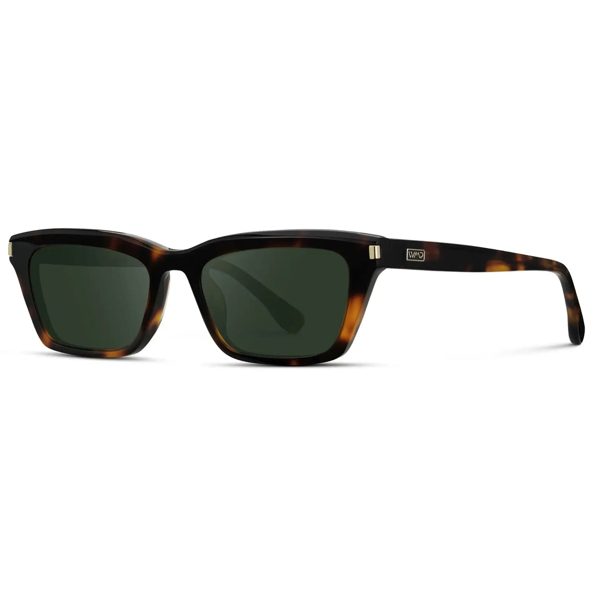 Brown Tortoise / G15 || Side view of Women's Cat Eye Prescription Sunglasses with Brown Tortoise Frame and Green Lenses on a white background