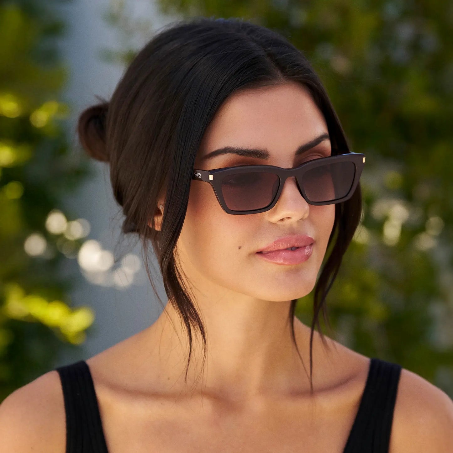 Mocha Brown / Brown Gradient Lens || Model wearing Women's Cat Eye Polarized Sunglasses with Mocha Brown Frame and Brown Gradient Lenses