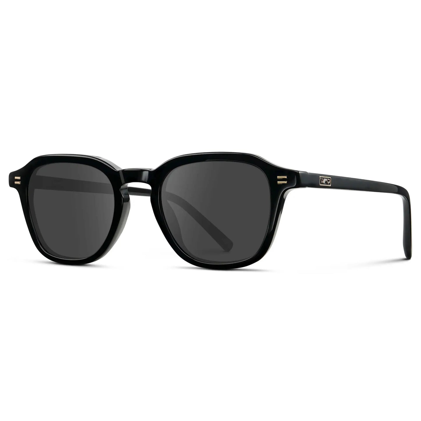 Black / Grey || Side view of Men's Geometric Square Prescription Sunglasses with Black Acetate Frame and Grey Lens