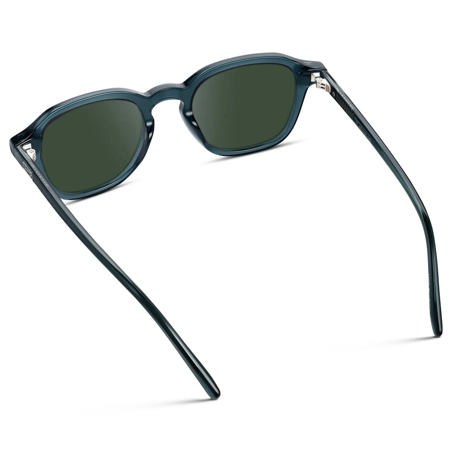Crystal Steel Blue / G15 || Back view of Men's Geometric Square Prescription Sunglasses with Crystal Steel Blue Acetate Frame and Green Lens