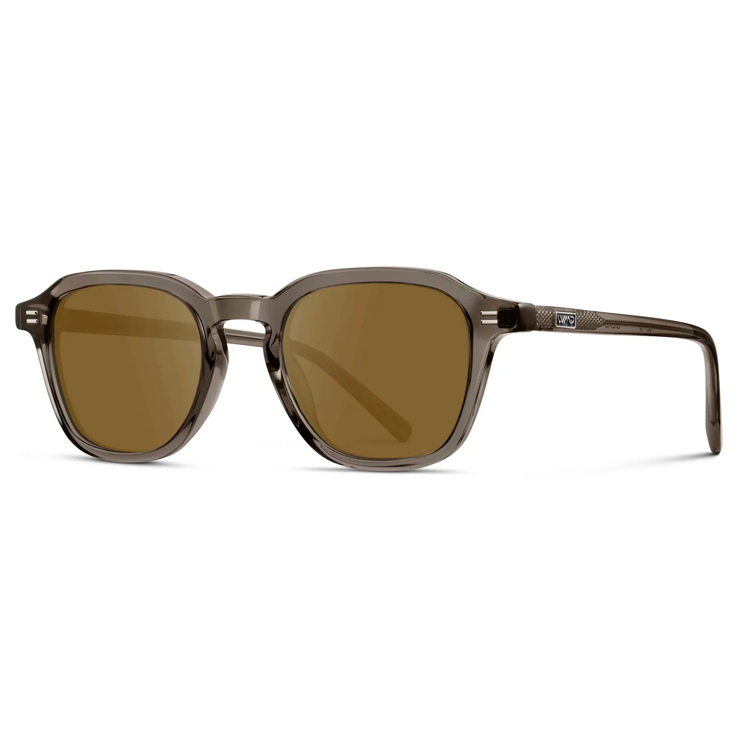 Crystal Gunmetal / Amber || Side view of Men's Geometric Square Prescription Sunglasses with Crystal Gunmetal Acetate Frame and Amber Lens