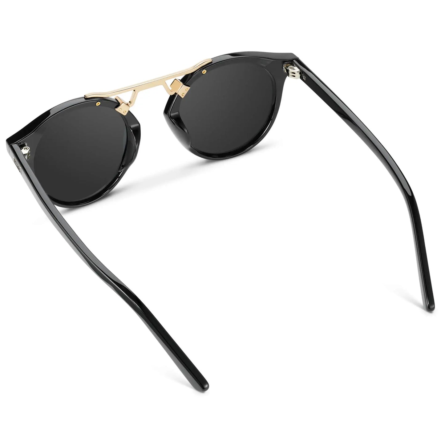 Black / Black Gradient Lens || Double Bridge Round Retro Polarized Sunglasses with Black Frame Black Gradient Lens and Gold Fashion Accents