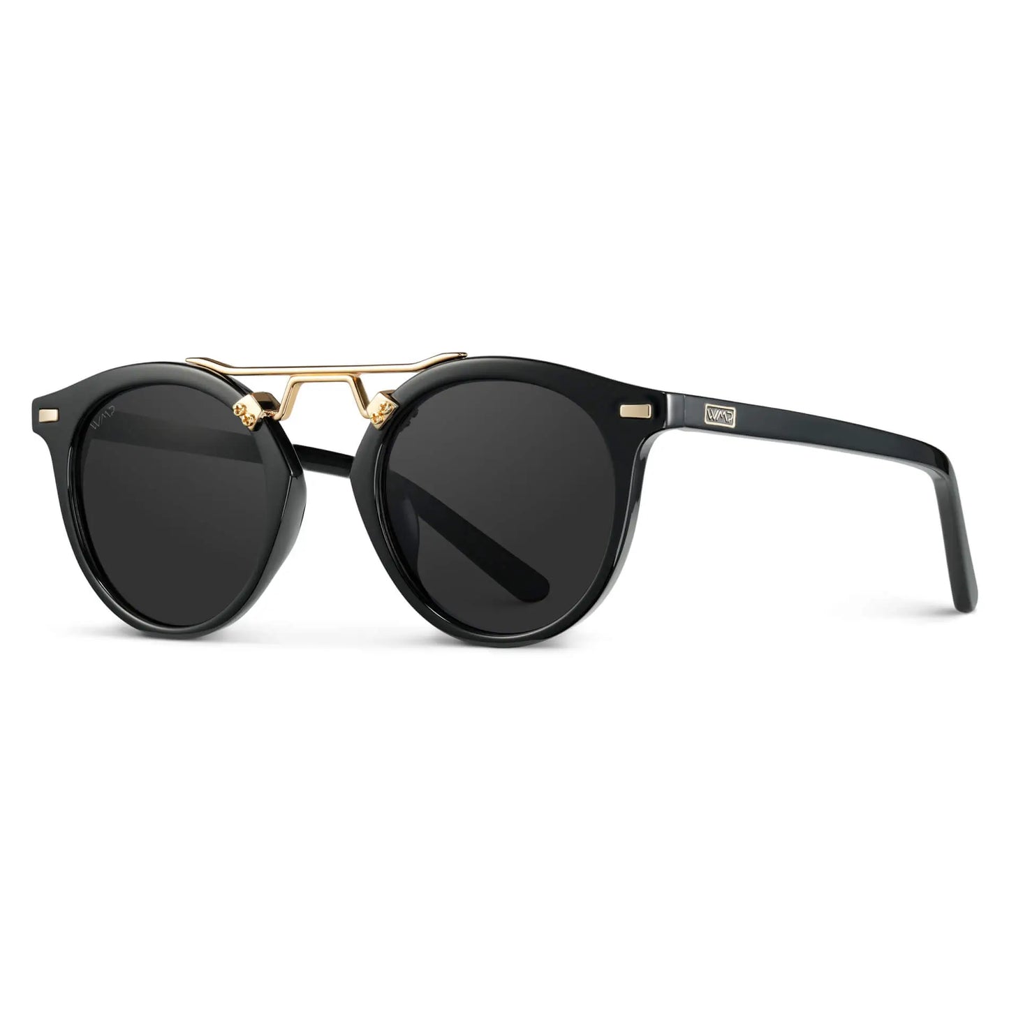 Black / Black Gradient Lens || Double Bridge Round Retro Polarized Sunglasses with Black Frame Black Gradient Lens and Gold Fashion Accents