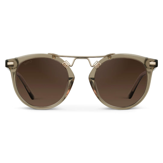 Crystal Taupe Brown / Maple Brown Gradient Lens || Double Bridge Round Retro Polarized Sunglasses with Crystal Taupe Brown Frame Maple Brown Gradient Lens and Gold Fashion Accents
