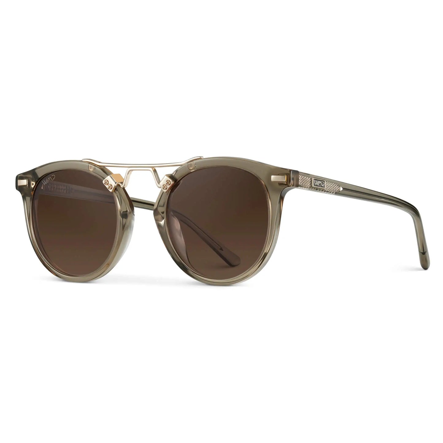 Crystal Taupe Brown / Maple Brown Gradient Lens || Double Bridge Round Retro Polarized Sunglasses with Crystal Taupe Brown Frame Maple Brown Gradient Lens and Gold Fashion Accents