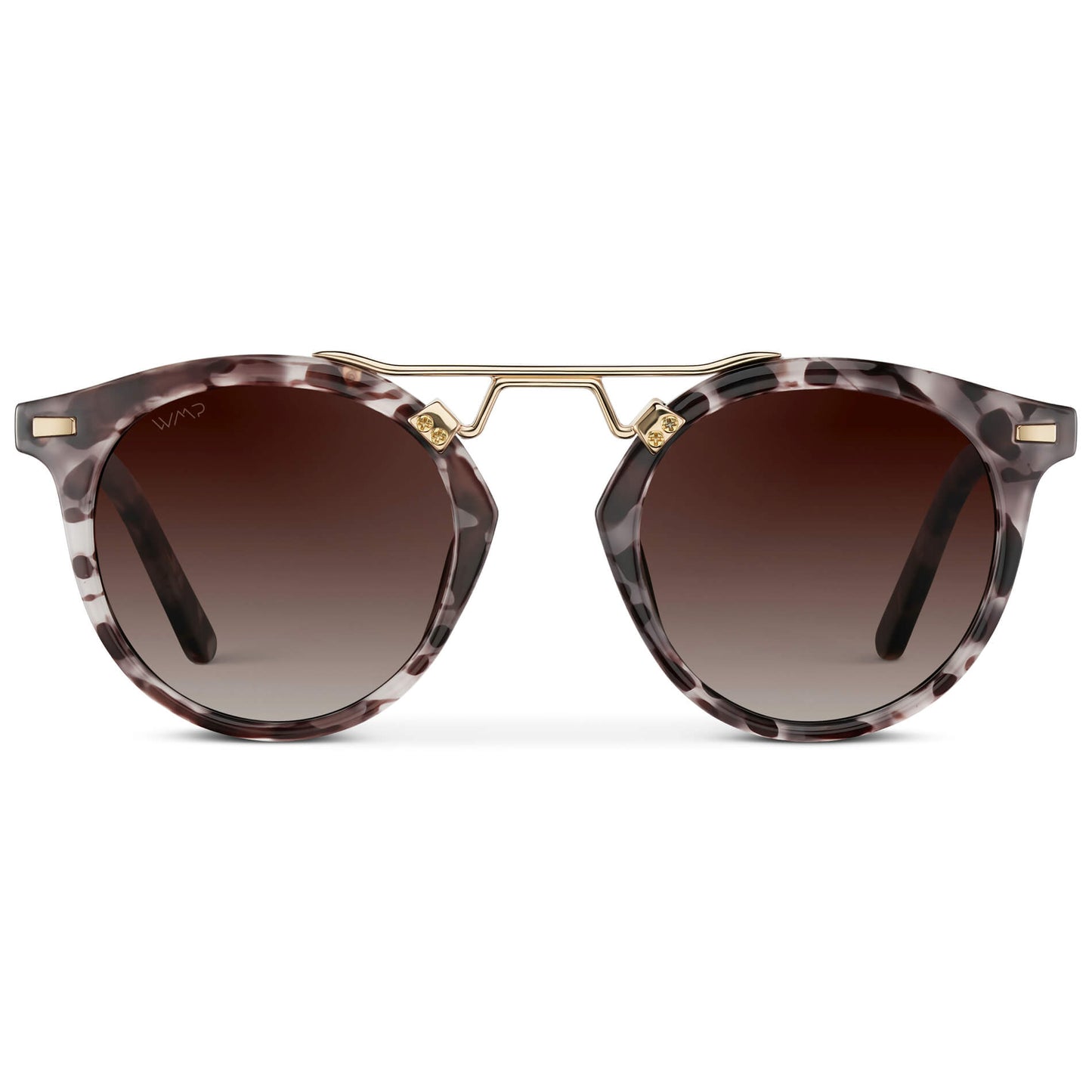 Beige Tortoise / Brown Lens || Double Bridge Round Retro Polarized Sunglasses with Beige Tortoise Frame, Gradient Brown Lens and Gold Fashion Accents
