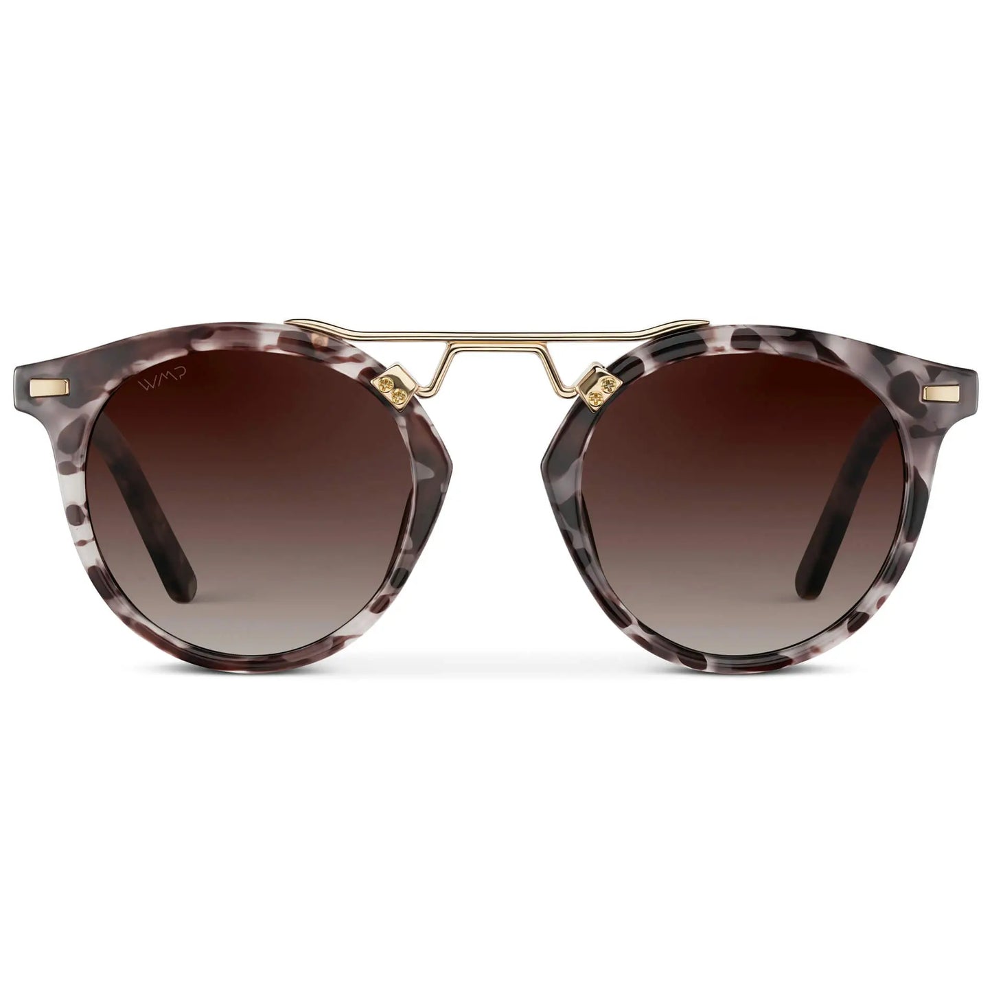 Beige Tortoise / Brown Lens || Double Bridge Round Retro Polarized Sunglasses with Beige Tortoise Frame, Gradient Brown Lens and Gold Fashion Accents