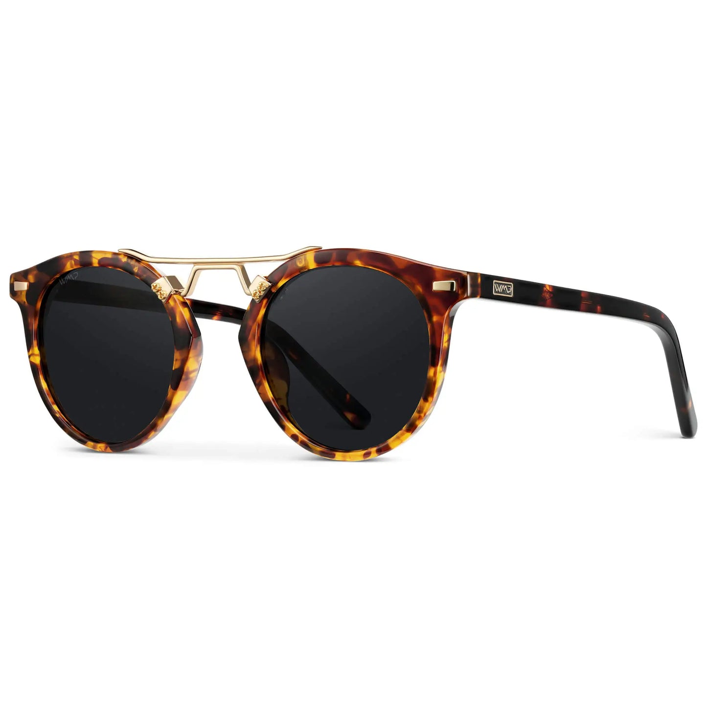 Tortoise / Black Lens || Double Bridge Round Retro Polarized Sunglasses with Tortoise Frame Black Lens and Gold Fashion Accents