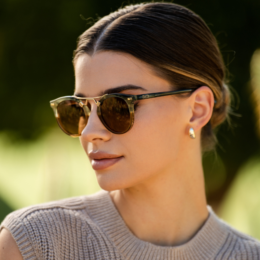 Desert Sage / Brown Gradient || Double Bridge Round Retro Polarized Sunglasses with Desert Sage Frame Brown Gradient Lens and Gold Fashion Accents