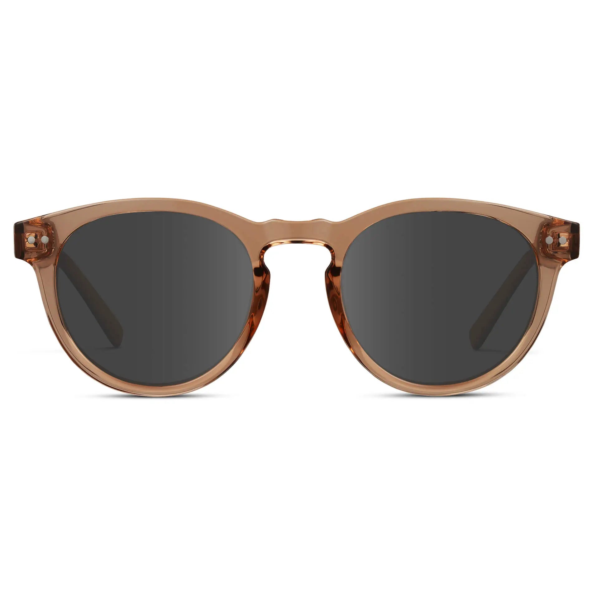 Light Crystal Brown / Grey Lens / Narrow || Brown Round Frame Prescription Sunglasses with Grey Lenses