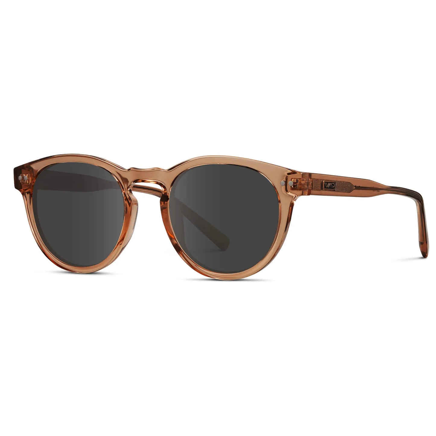 Light Crystal Brown / Grey Lens / Narrow || Brown Round Frame Prescription Sunglasses with Grey Lenses