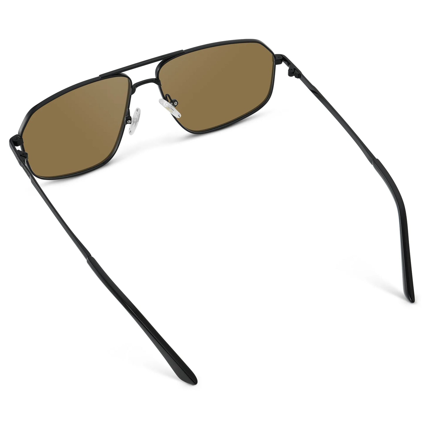 Black / Amber || Back view of Women's Geometric Stainless Steel Aviator Prescription Sunglasses with Black Frame and Brown Lens on a white background