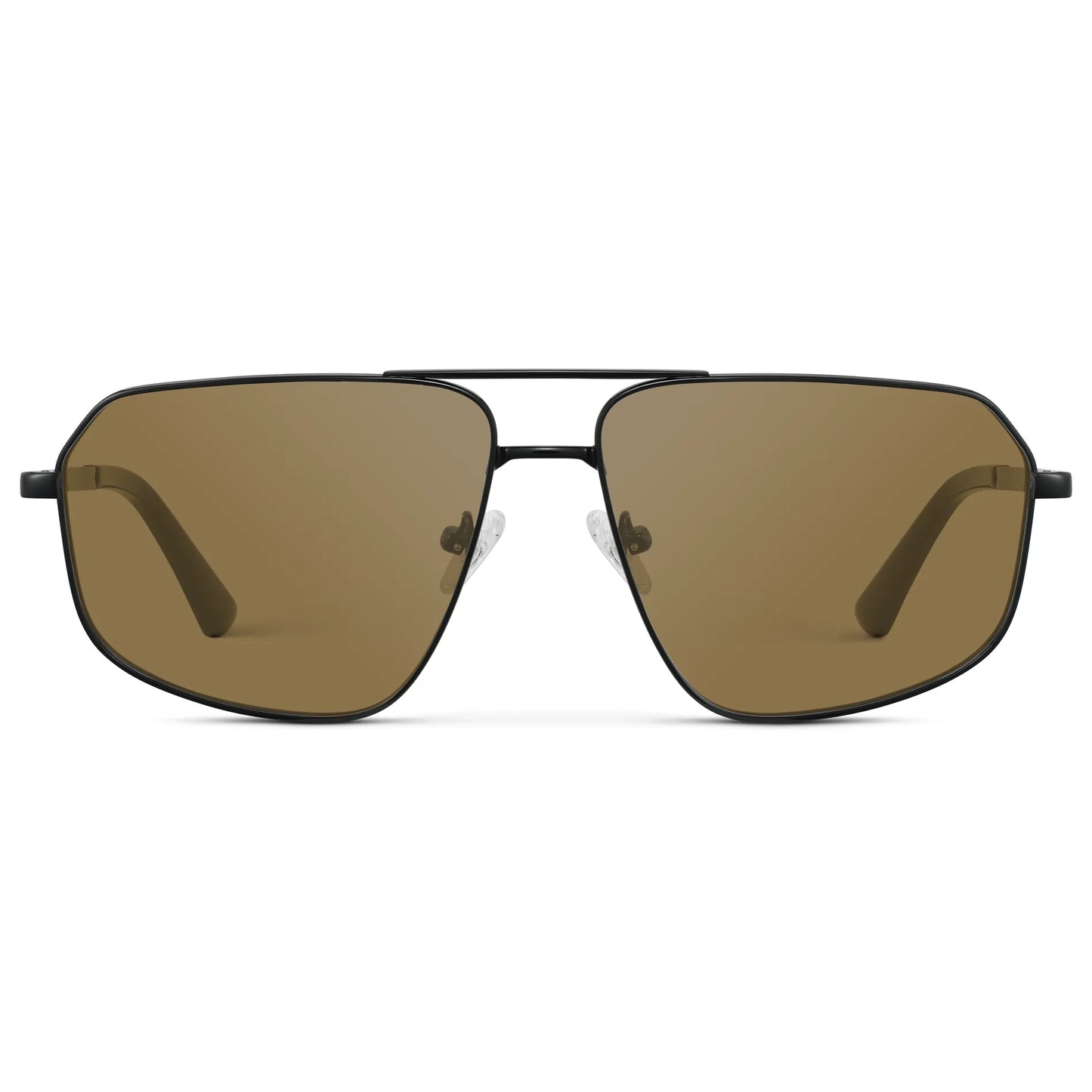 Black / Amber || Women's Geometric Stainless Steel Aviator Prescription Sunglasses with Black Frame and Brown Lens on a white background