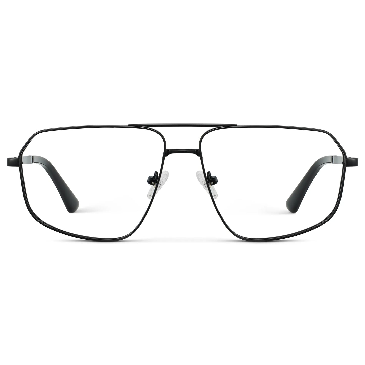 Black || Women's Geometric Stainless Steel Aviator Prescription Glasses with Black Frame and Clear Lens on a white background