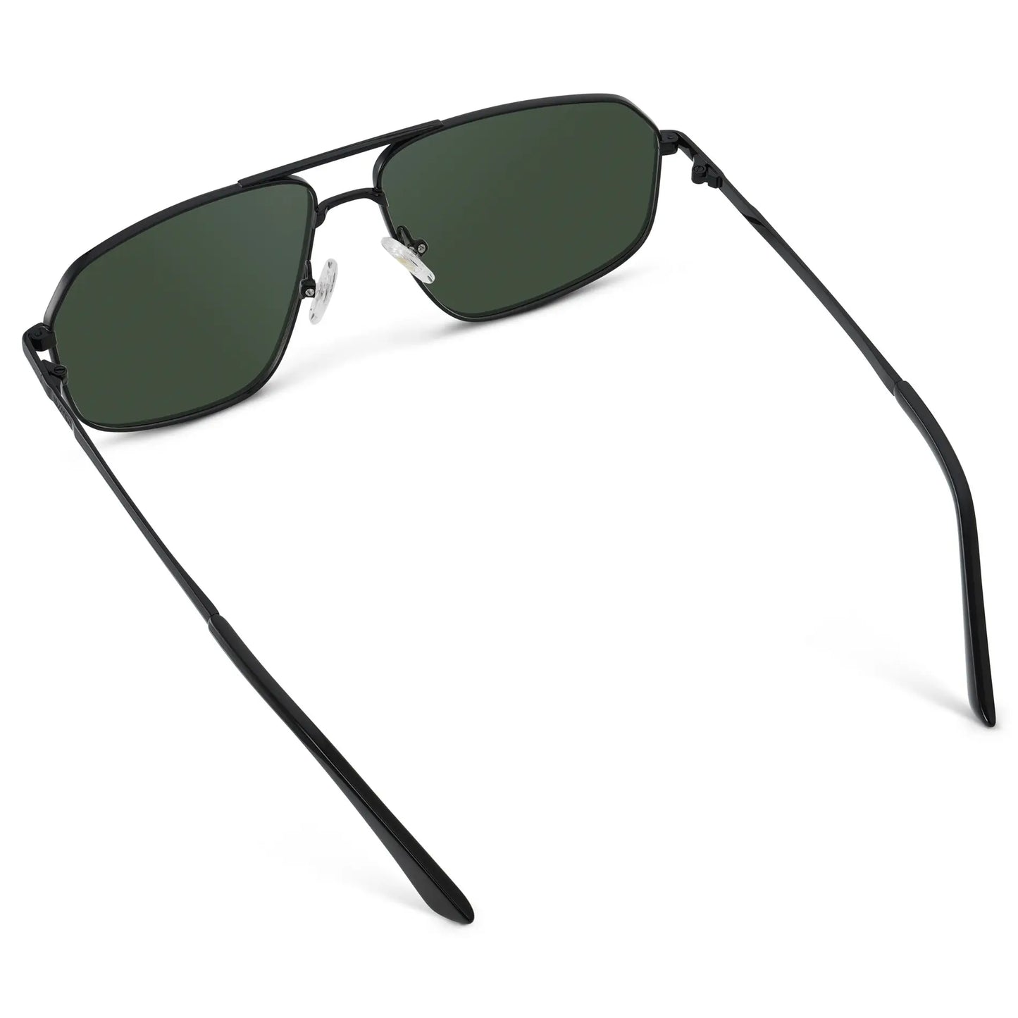 Black / G15 || Back view of Women's Geometric Stainless Steel Aviator Prescription Sunglasses with Black Frame and Green Lens on a white background