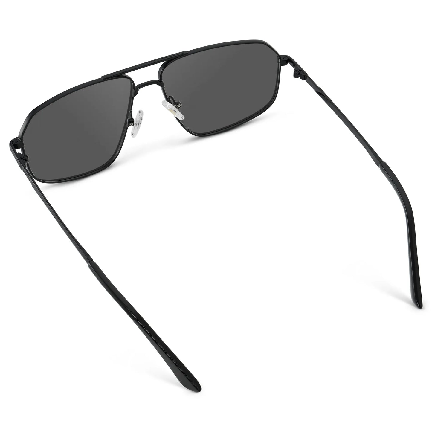Black / Grey || Back view of Women's Geometric Stainless Steel Aviator Prescription Sunglasses with Black Frame and Grey Lens on a white background