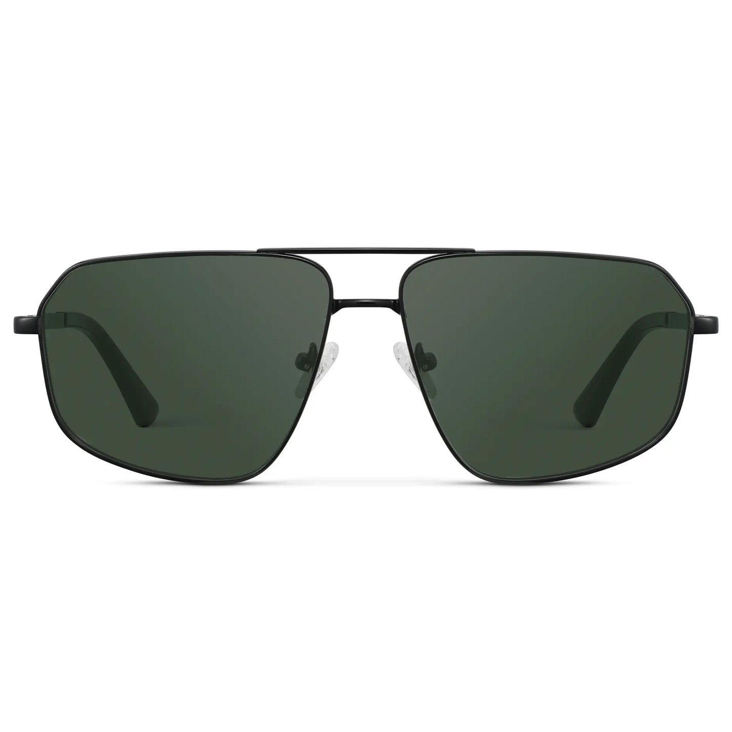 Black / G15 || Women's Geometric Stainless Steel Aviator Prescription Sunglasses with Black Frame and Green Lens on a white background