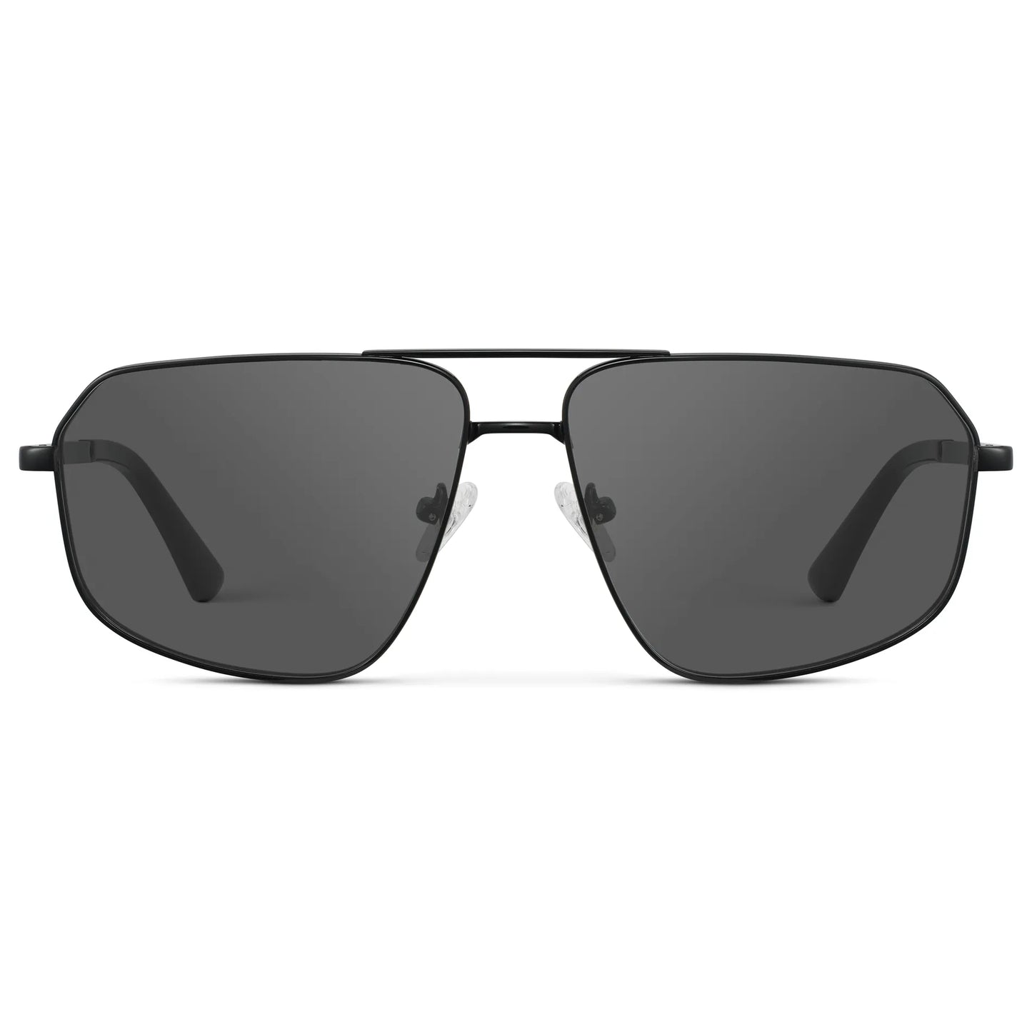 Black / Grey || Women's Geometric Stainless Steel Aviator Prescription Sunglasses with Black Frame and Grey Lens on a white background