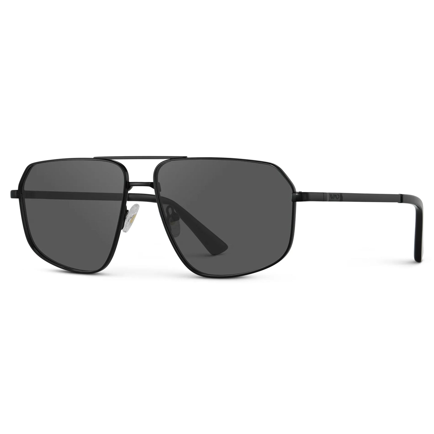 Black / Grey || Side view of Women's Geometric Stainless Steel Aviator Prescription Sunglasses with Black Frame and Grey Lens on a white background
