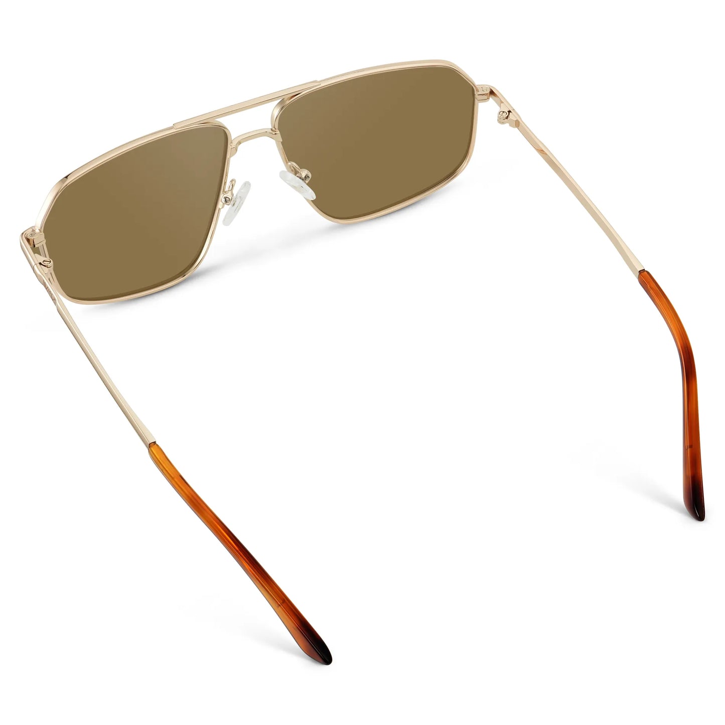 Gold / Amber || Back view of Women's Geometric Stainless Steel Aviator Prescription Sunglasses with Gold Frame and Brown Lens on a white background