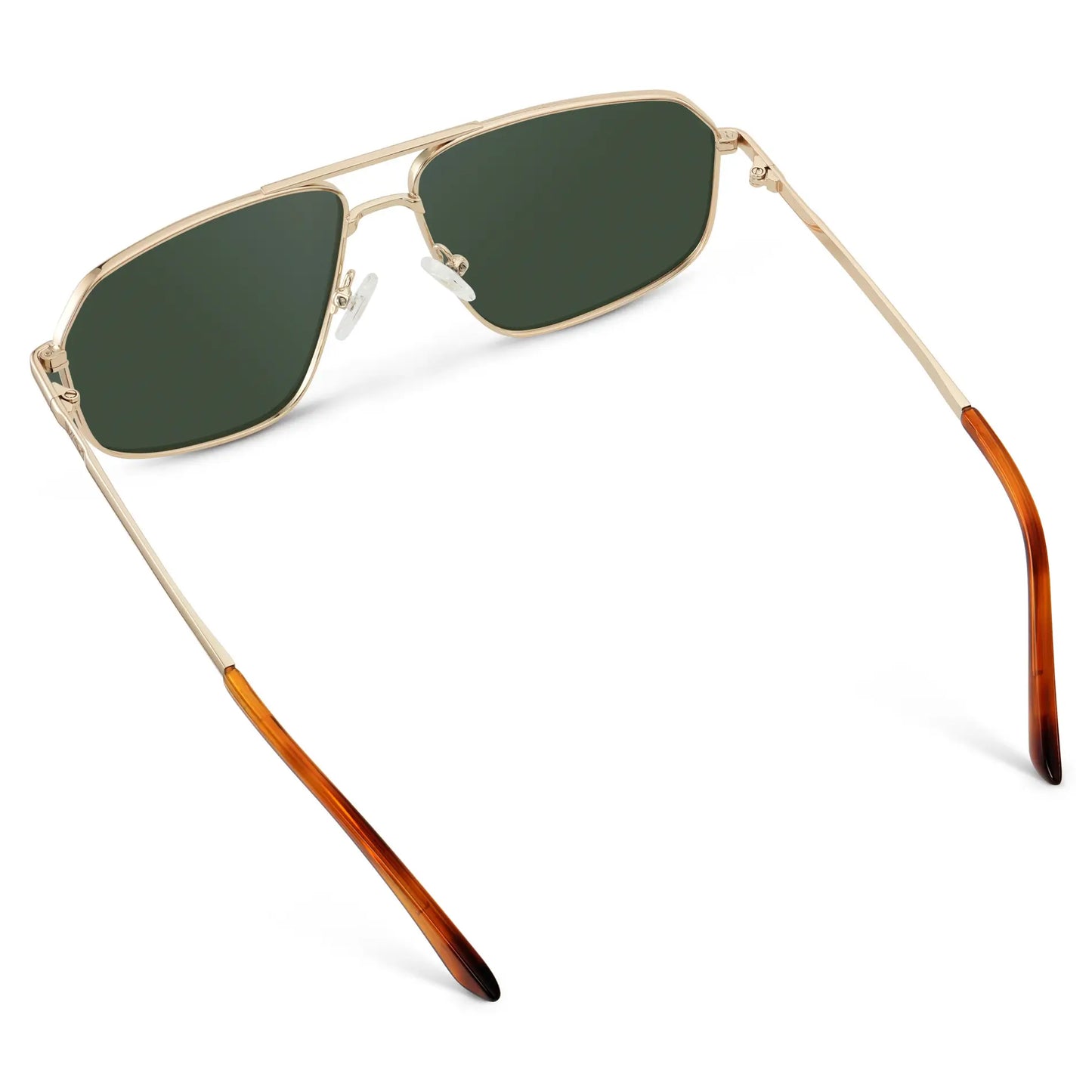 Gold / G15 || Back view of Women's Geometric Stainless Steel Aviator Prescription Sunglasses with Gold Frame and Green Lens on a white background