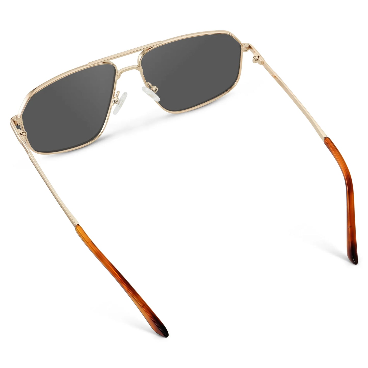 Gold / Grey || Back view of Women's Geometric Stainless Steel Aviator Prescription Sunglasses with Gold Frame and Grey Lens on a white background
