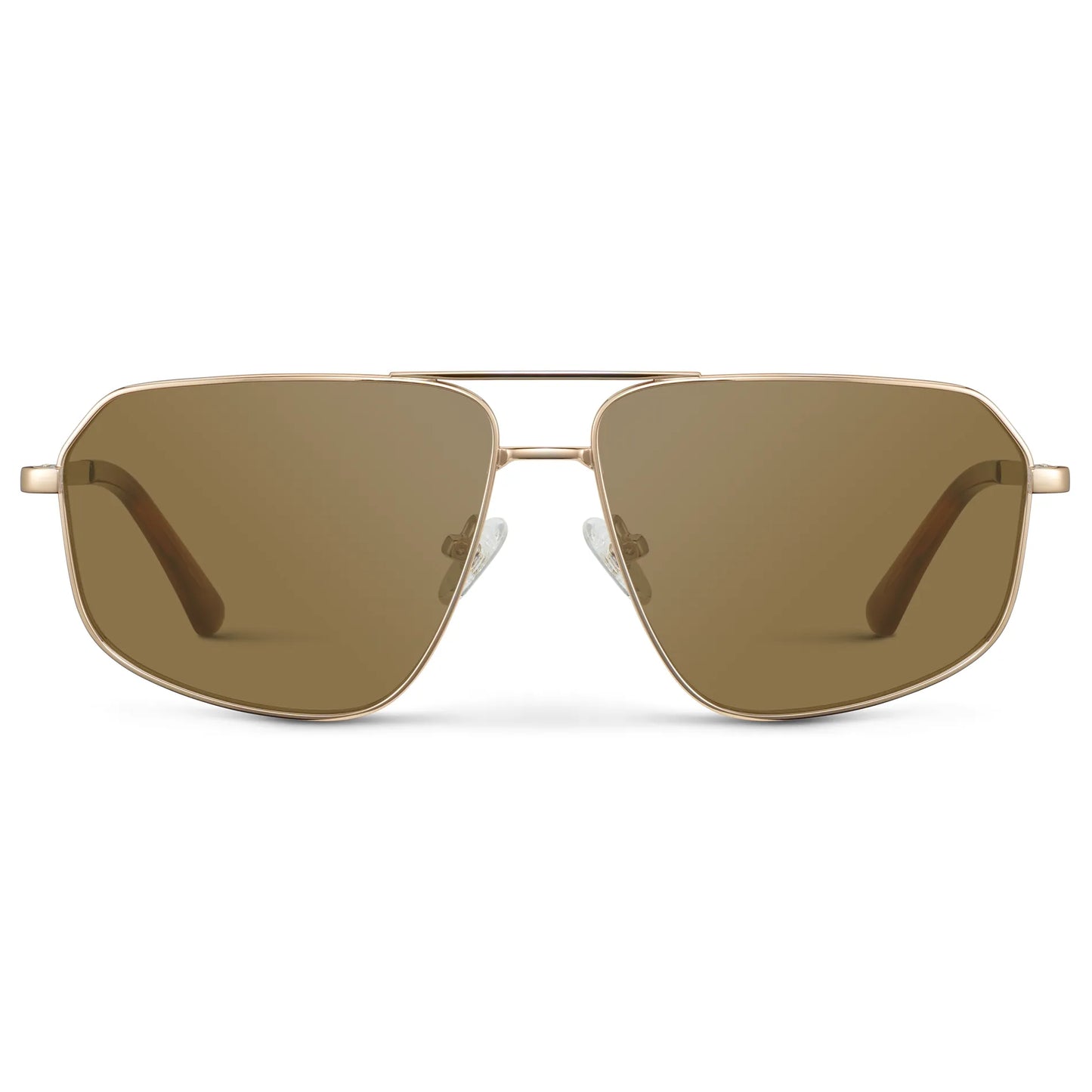 Gold / Amber || Women's Geometric Stainless Steel Aviator Prescription Sunglasses with Gold Frame and Brown Lens on a white background