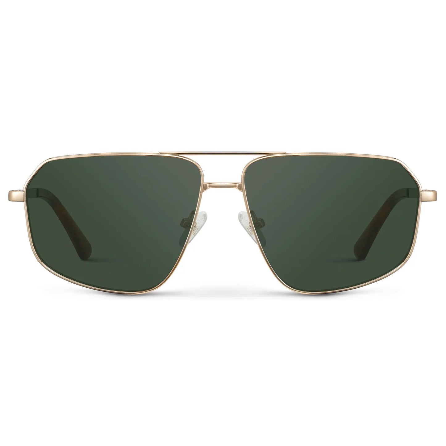 Gold / G15 || Women's Geometric Stainless Steel Aviator Prescription Sunglasses with Gold Frame and Green Lens on a white background