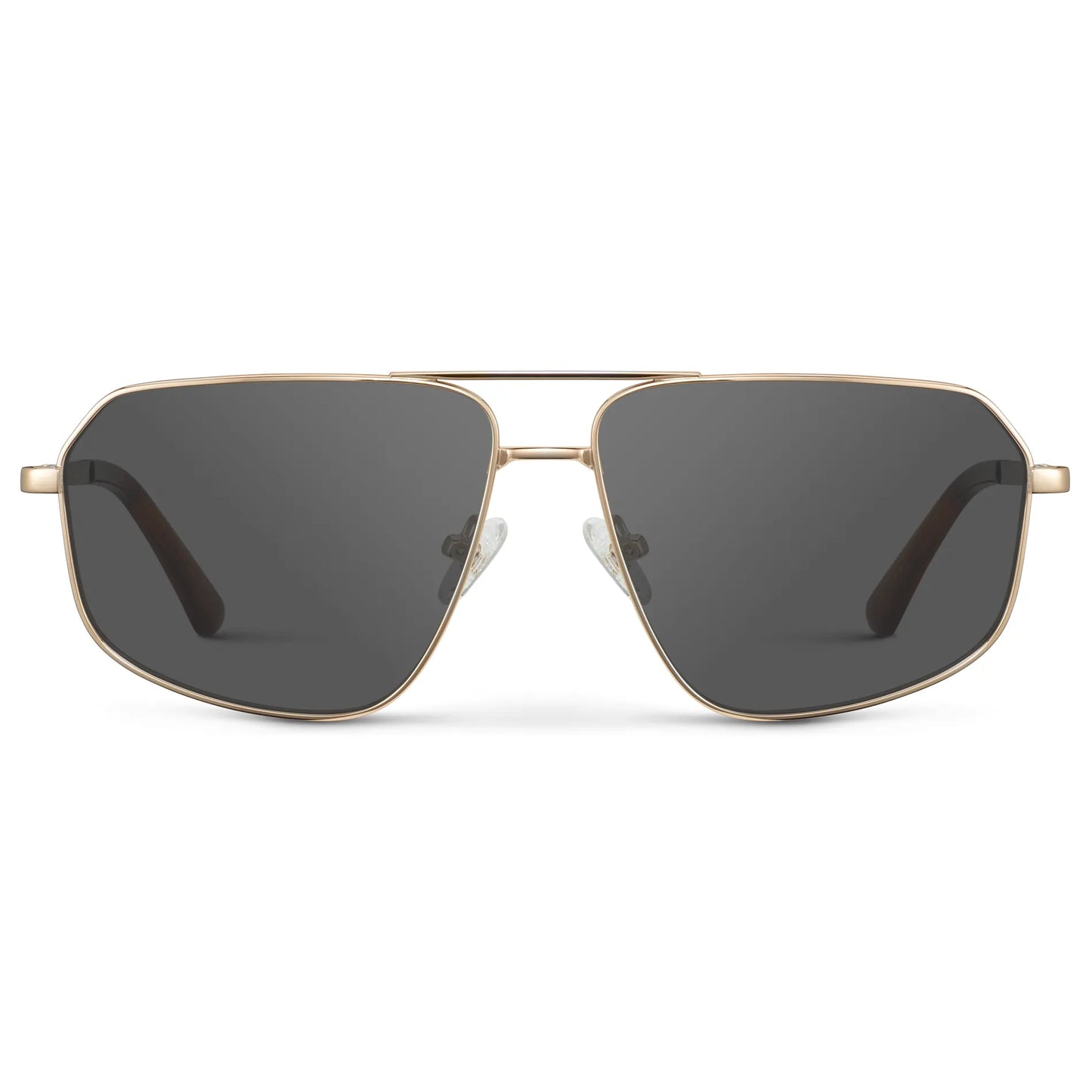 Gold / Grey || Women's Geometric Stainless Steel Aviator Prescription Sunglasses with Gold Frame and Grey Lens on a white background