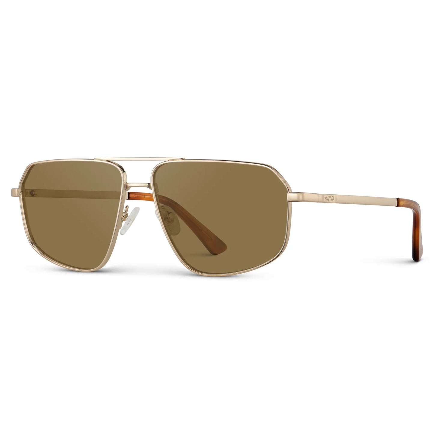 Gold / Amber || Side view of Women's Geometric Stainless Steel Aviator Prescription Sunglasses with Gold Frame and Brown Lens on a white background