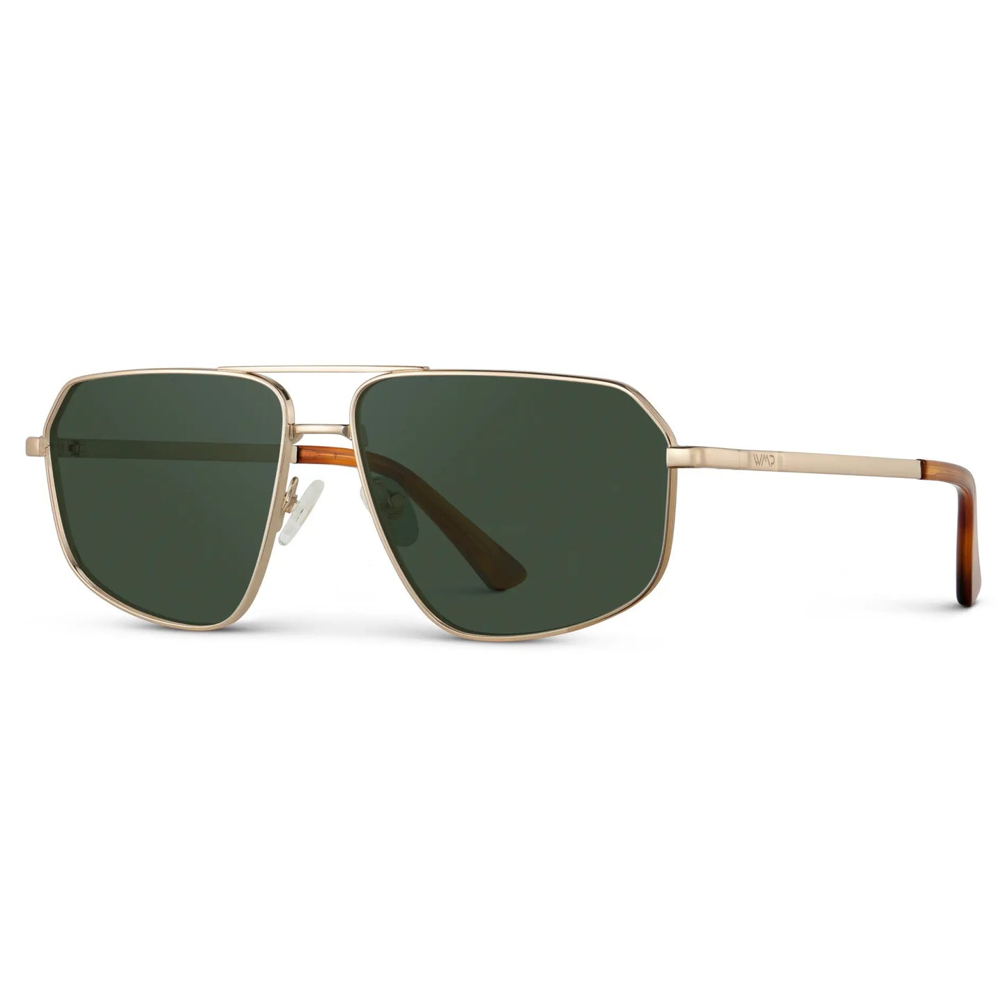 Gold / G15 || Side view of Women's Geometric Stainless Steel Aviator Prescription Sunglasses with Gold Frame and Green Lens on a white background