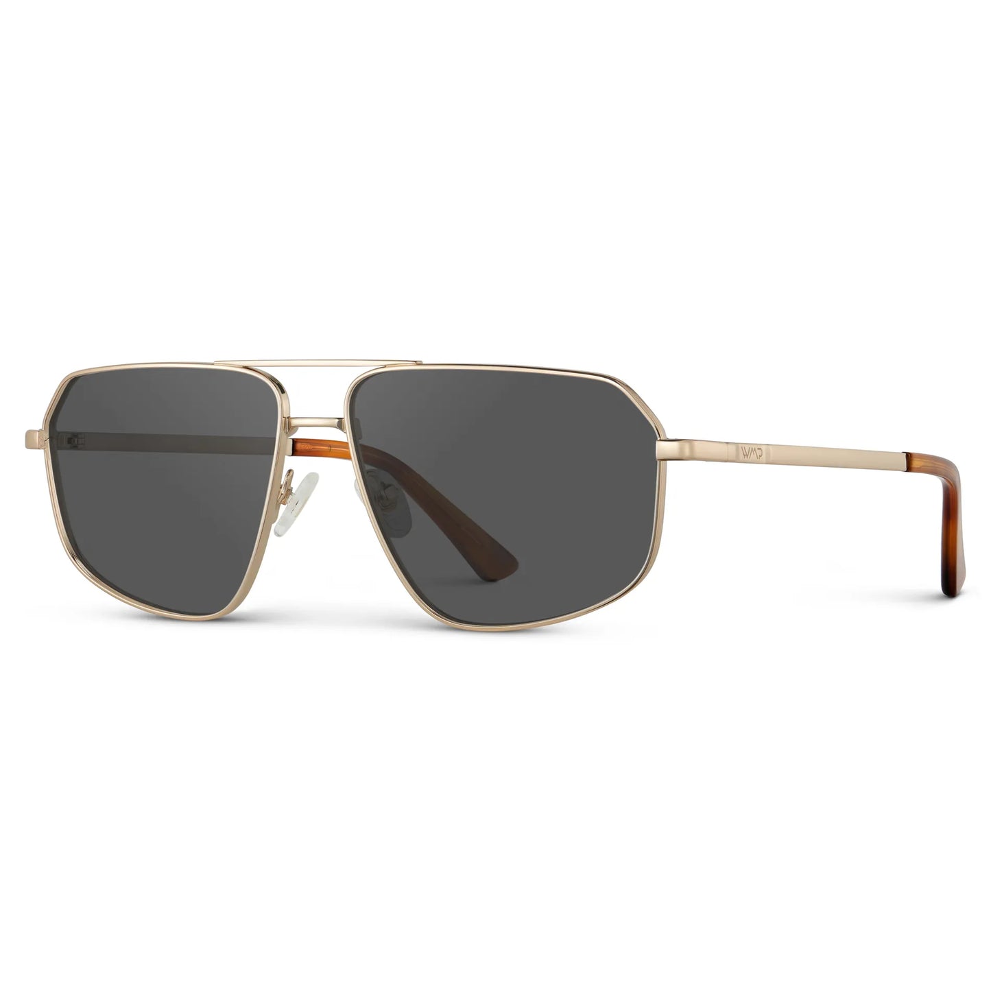 Gold / Grey || Side view of Women's Geometric Stainless Steel Aviator Prescription Sunglasses with Gold Frame and Grey Lens on a white background