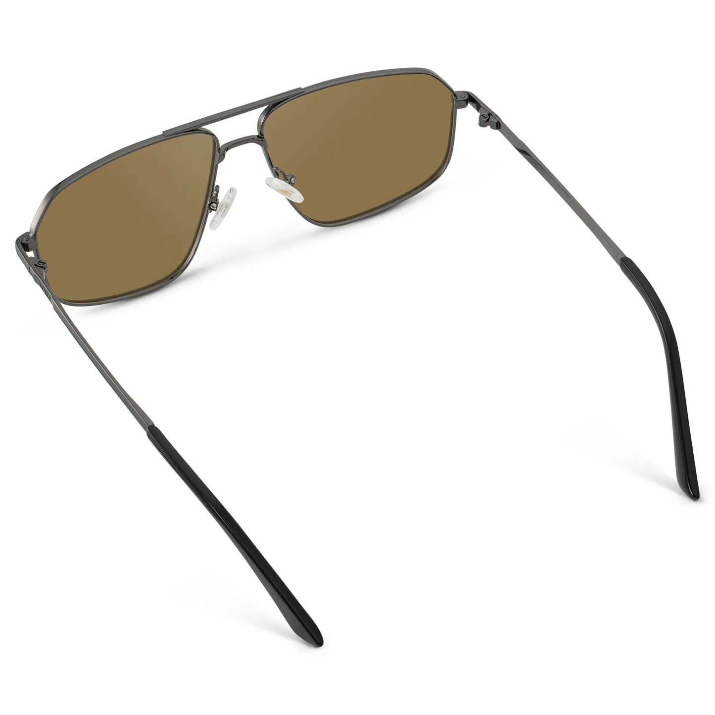 Gunmetal / Amber || Back view of Women's Geometric Stainless Steel Aviator Prescription Sunglasses with Gunmetal Frame and Brown Lens on a white background