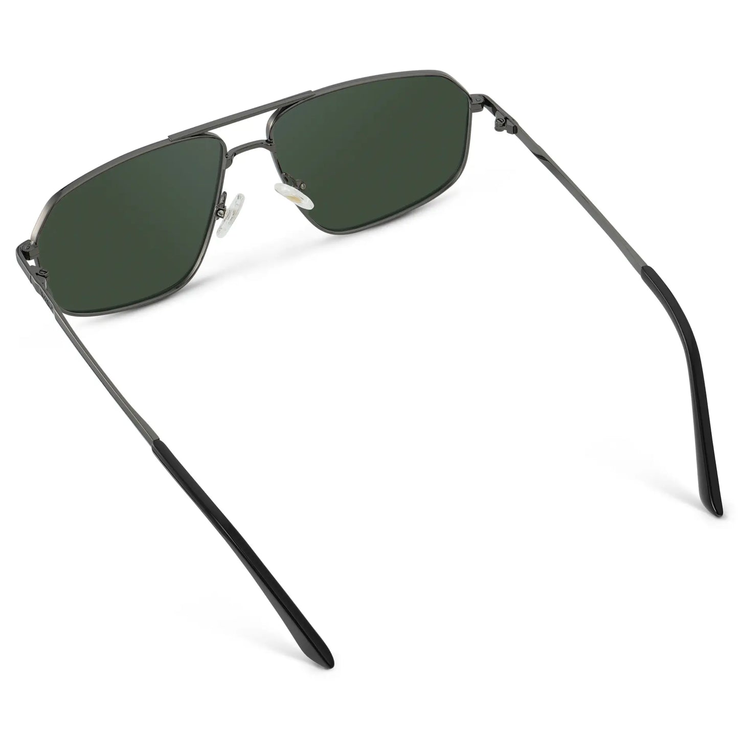 Gunmetal / G15 || Back view of Women's Geometric Stainless Steel Aviator Prescription Sunglasses with Gunmetal Frame and Green Lens on a white background