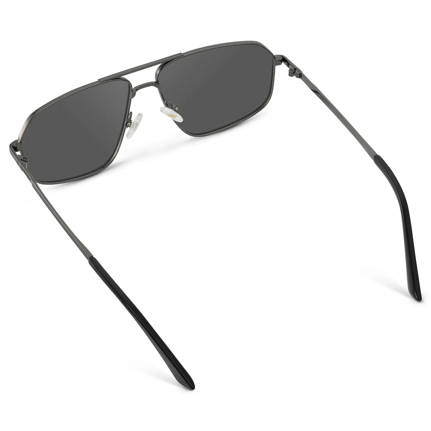 Gunmetal / Grey || Back view of Women's Geometric Stainless Steel Aviator Prescription Sunglasses with Gunmetal Frame and Grey Lens on a white background