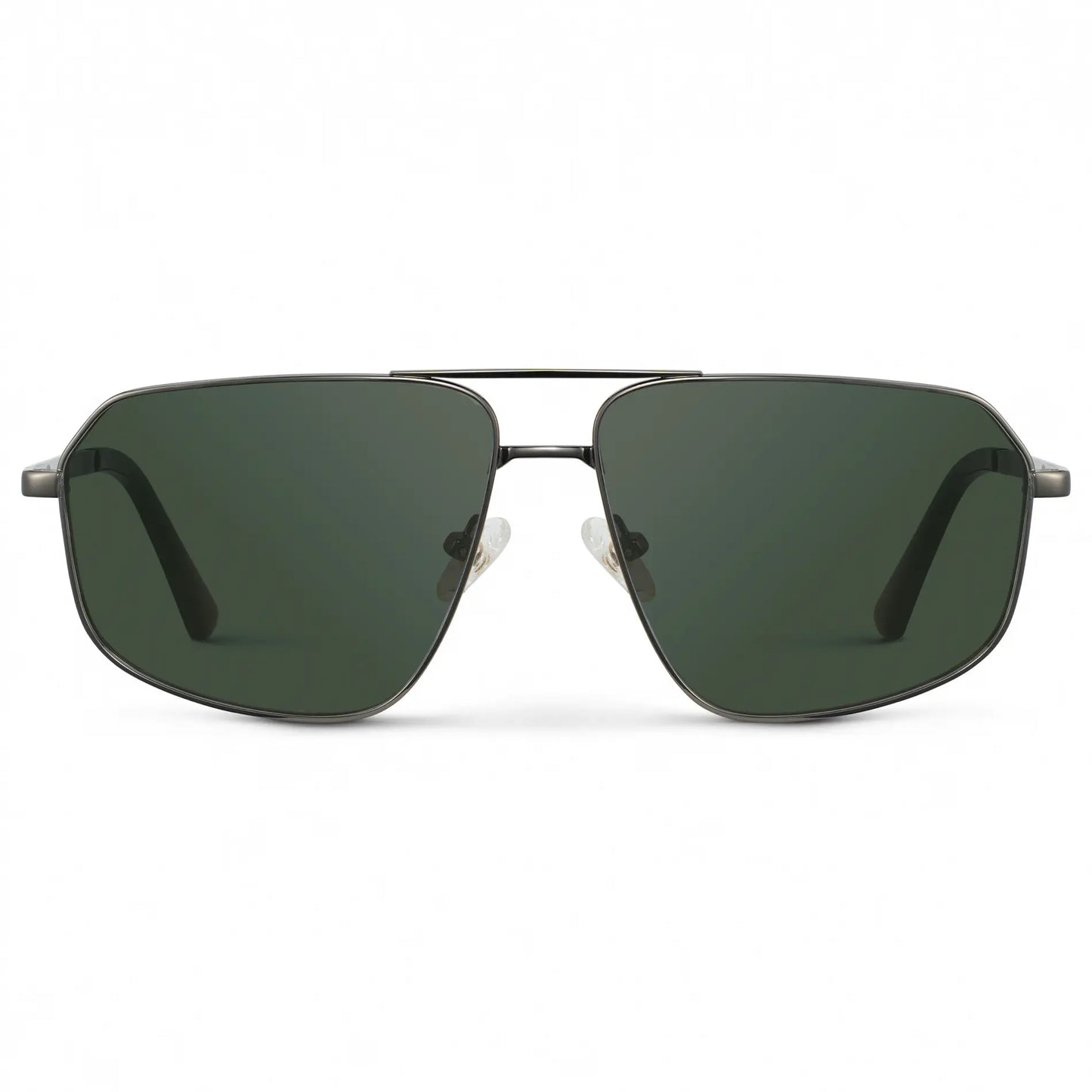 Gunmetal / G15 || Women's Geometric Stainless Steel Aviator Prescription Sunglasses with Gunmetal Frame and Green Lens on a white background