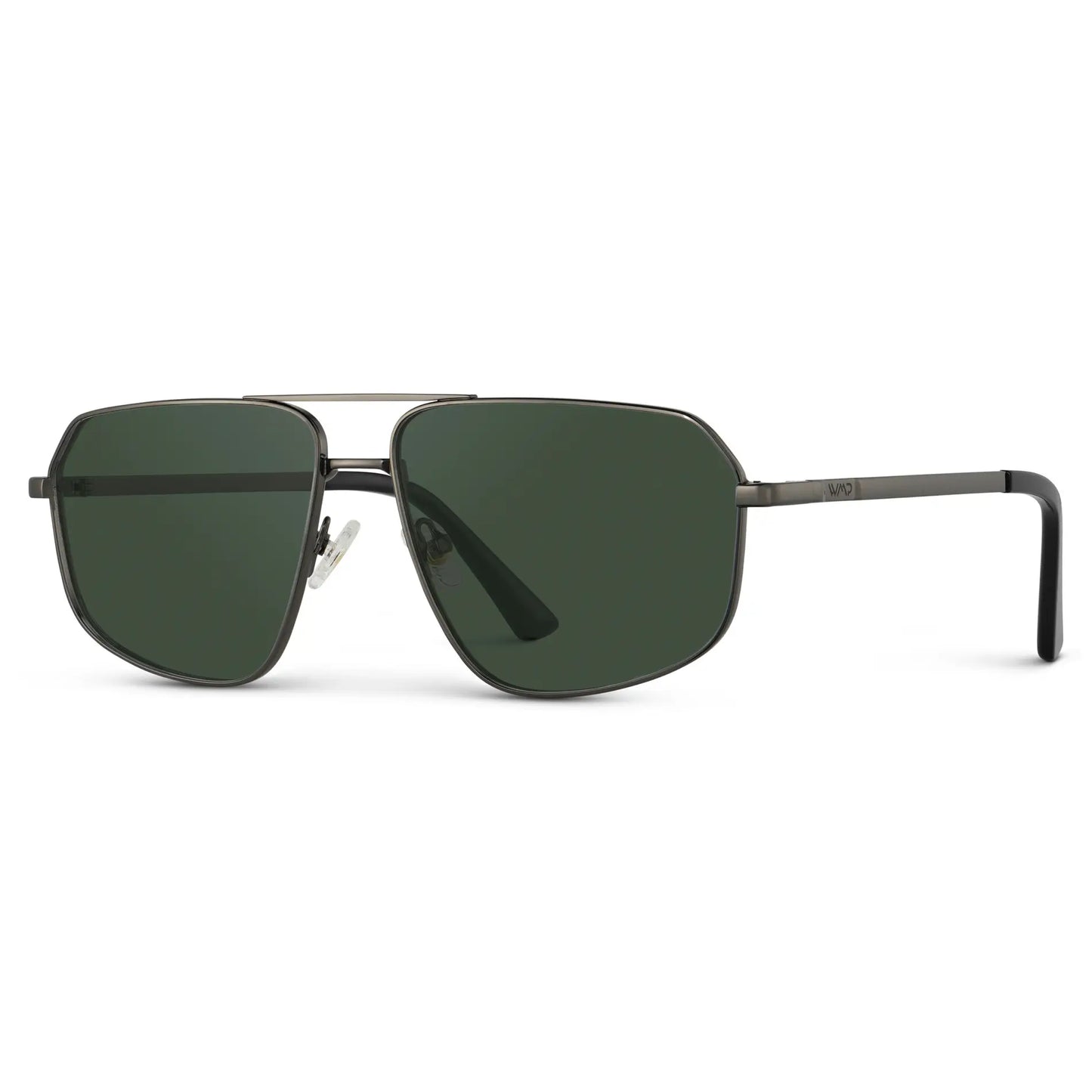 Gunmetal / G15 || Side view of Women's Geometric Stainless Steel Aviator Prescription Sunglasses with Gunmetal Frame and Green Lens on a white background