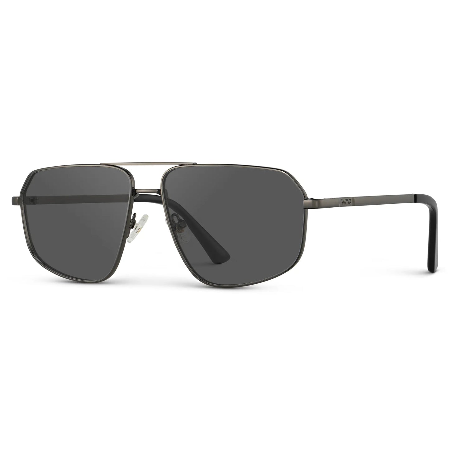 Gunmetal / Grey || Side view of Women's Geometric Stainless Steel Aviator Prescription Sunglasses with Gunmetal Frame and Grey Lens on a white background