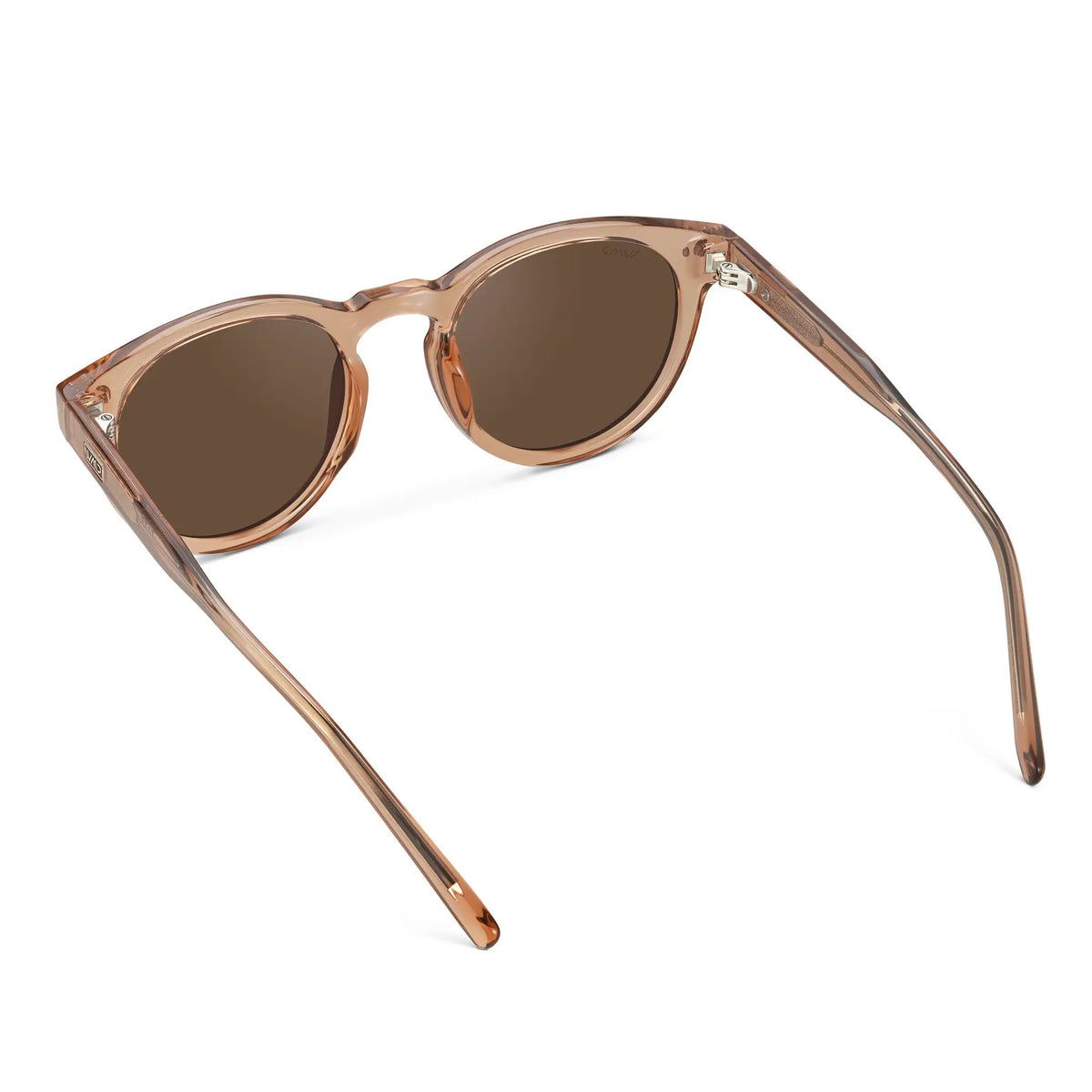 Light Crystal Brown / Brown Lens || Back view of Women's Brown Round Frame Sunglasses with Brown Polarized Lenses on a white background