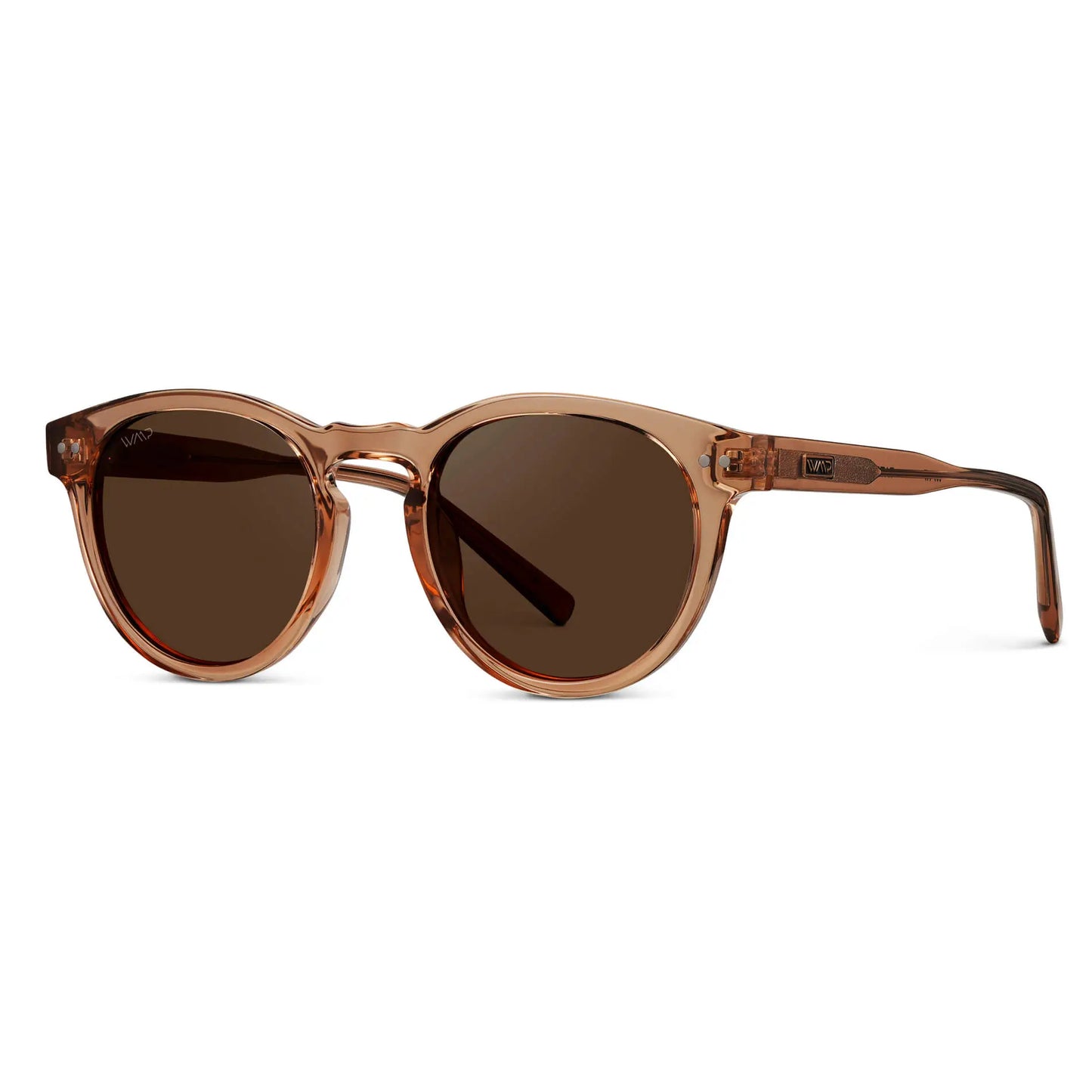 Black Case || Clear brown round sunglasses with brown lenses on white background