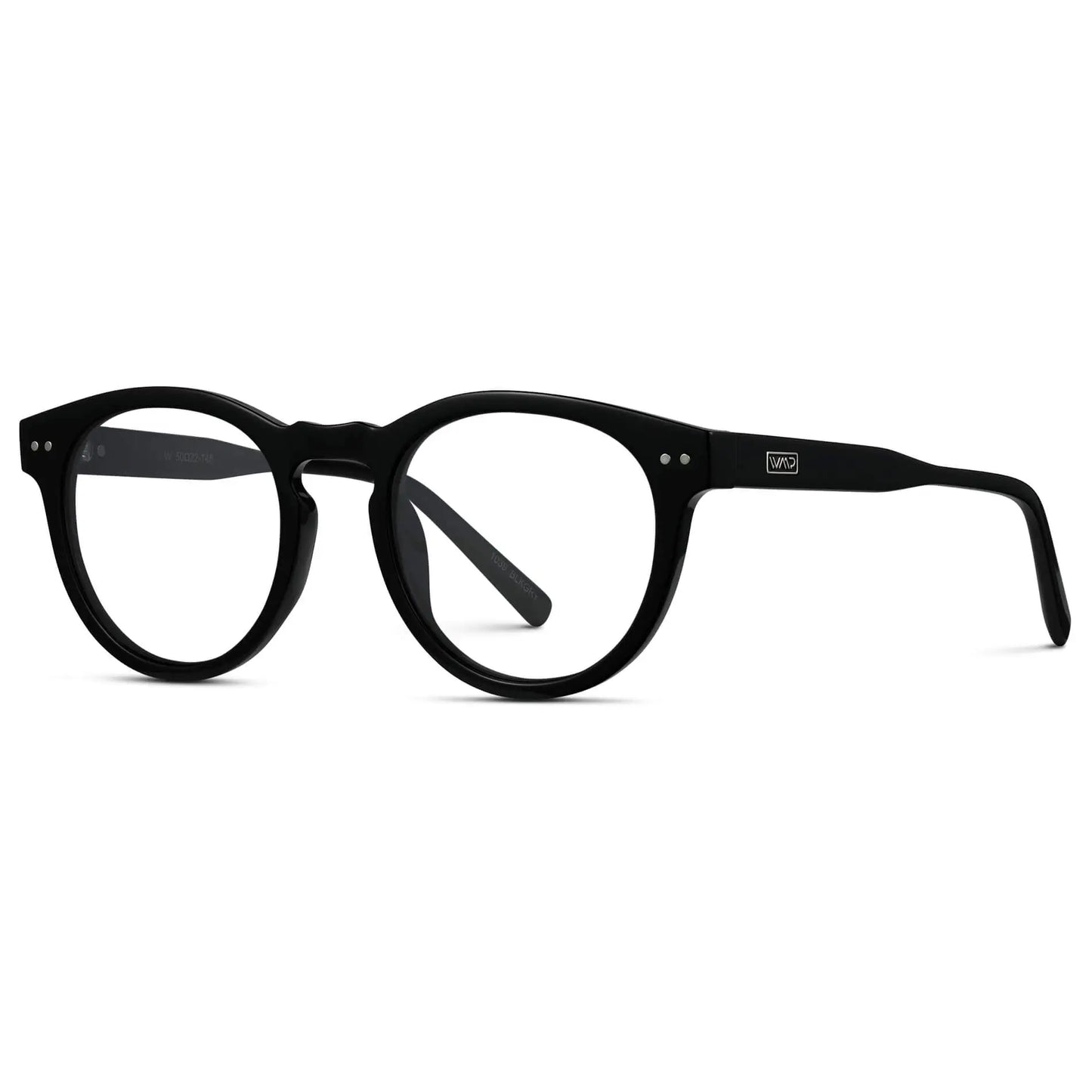 Black || Side view of Women's Round Prescription Glasses with Black Frame and Clear Lenses on a white background