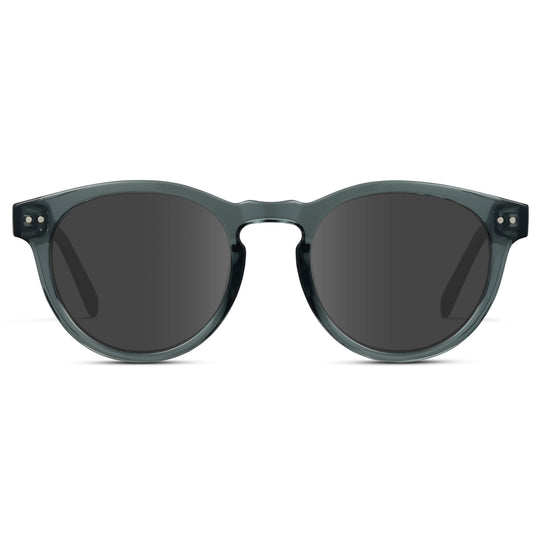 Crystal Blue / Grey Lens || Blue Round Frame Prescription Sunglasses with Grey Lenses