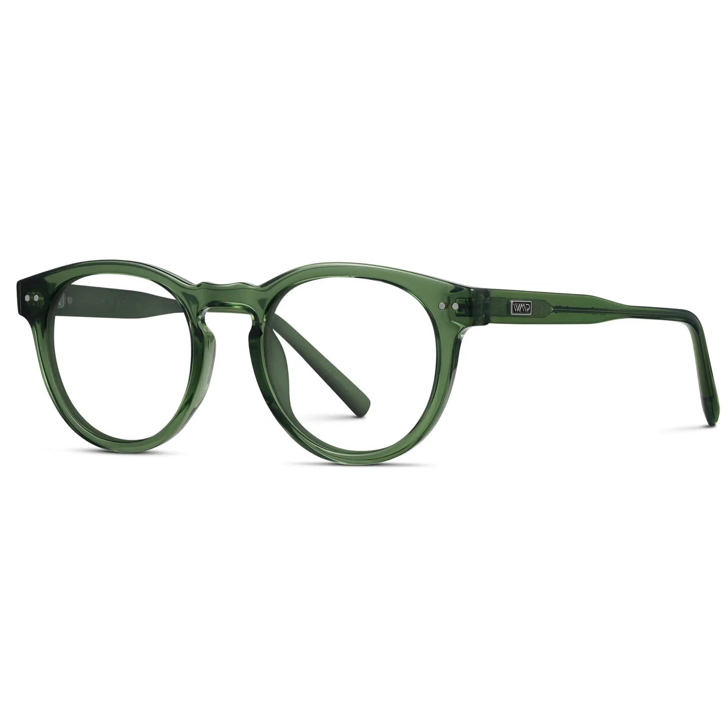 Emerald Green || Side view of Women's Round Prescription Glasses with Green Frame and Clear Lenses on a white background